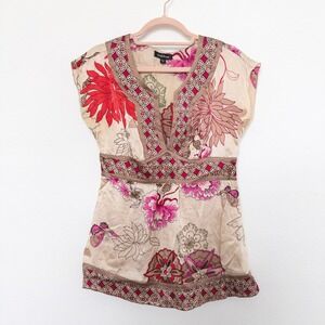 Y2K Bebe Womens Silk Top Size M Beige‎ Pink Floral Boho Babydoll Indie Sleaze